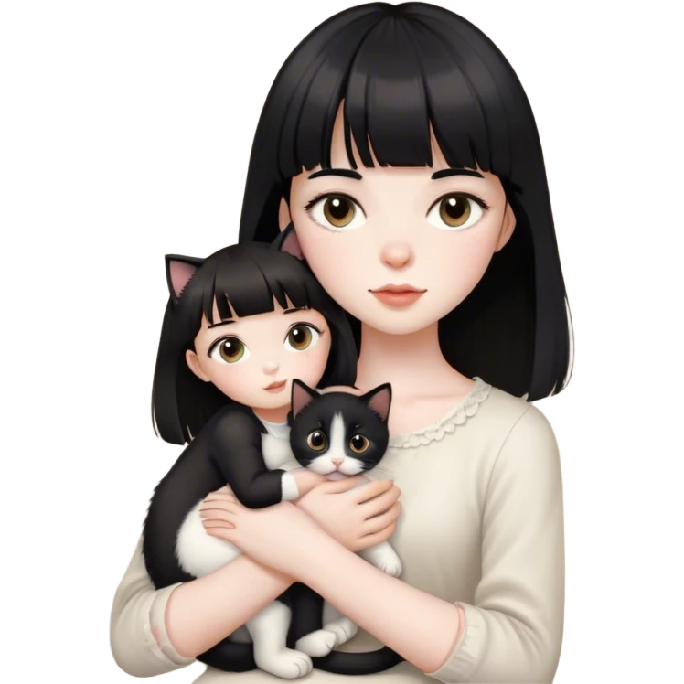 a very pale white feminine girl with medium black hair with bangs with big light brown eyes looking like a porcelain doll with a black kitten on her lap emoji