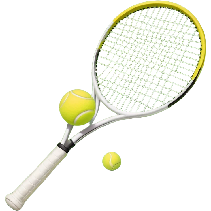A tennis racket with a bright yellow tennis ball resting on it, set against the backdrop of a well-maintained tennis court. The scene emphasizes the smooth lines of the court and the focus on the ball and racket, symbolizing the elegance and precision of the sport emoji