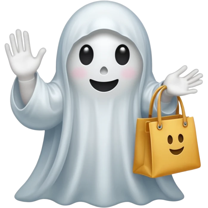 A ghost holding a bag that says “more please” emoji