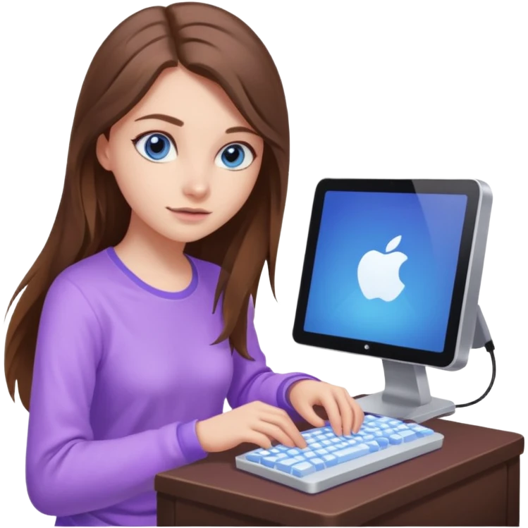 beautiful girl with long brown hair, blue eyes and wearing light purple clothes playing computer games emoji