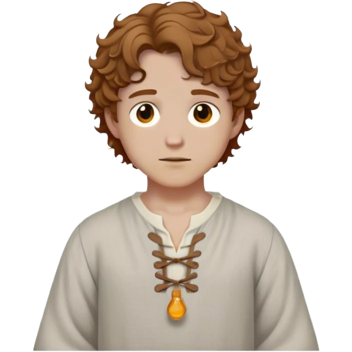 Medieval spring outfit worn by a DnD themed fantasy male character. Pale gray linen tunic with gathered sleeves, adorned with wooden toggle buttons at the collar. Clothes only above the waist, full waist coverage. The character has no arms. Character is white-skinned with honey-brown hair, amber eyes, and short curly hair that frames the face. emoji