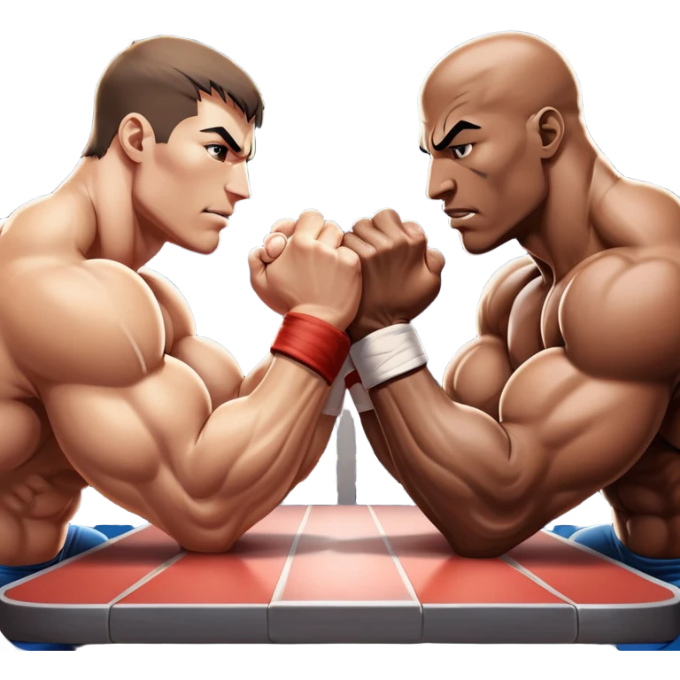 Two athletes engaged in an intense arm wrestling match, their muscles straining as they battle for dominance. The scene captures the powerful clash of strength, with close-ups on the hands locked in a firm grip, sweat glistening under bright lights. The background features a wrestling table. emoji