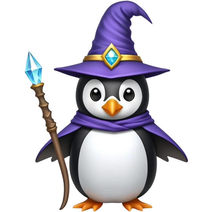 Penguin dressed as a wizard with a magical wand and pointy wizard hat emoji