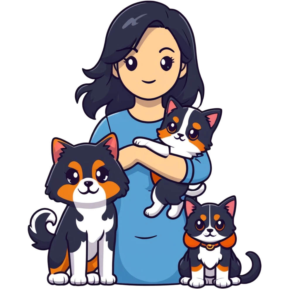 woman with long black hair holding an American Shorthair cat and a Cavalier King Charles Spaniel dog emoji