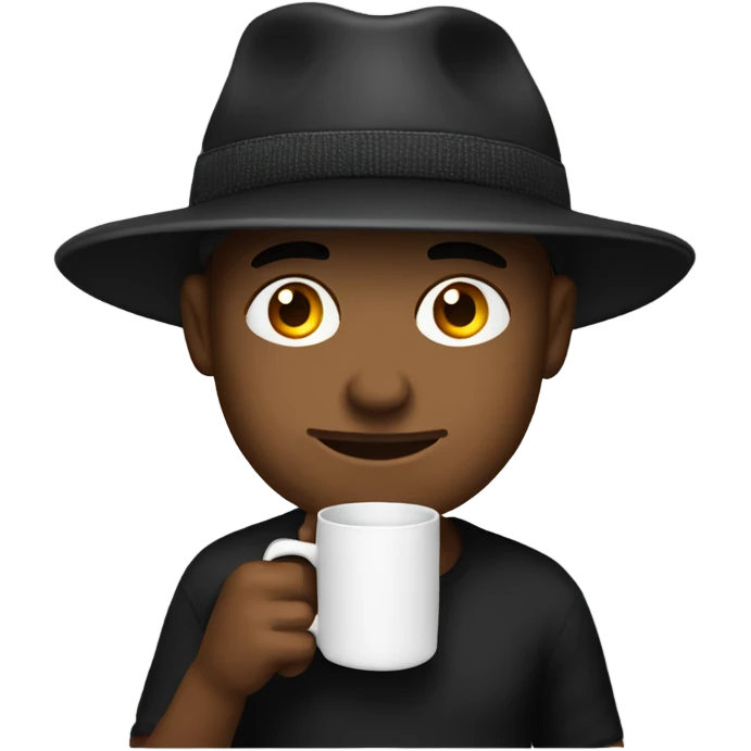Guy in black trucker hat drinking coffee and has laptop emoji