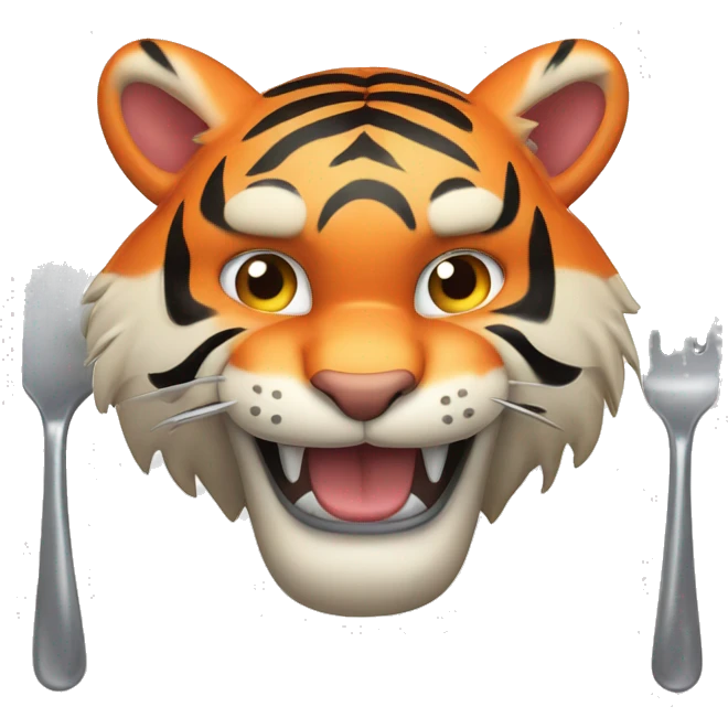 a muscular grinning tiger holding a fork poking into a fillet of salmon with the tip of its paws emoji