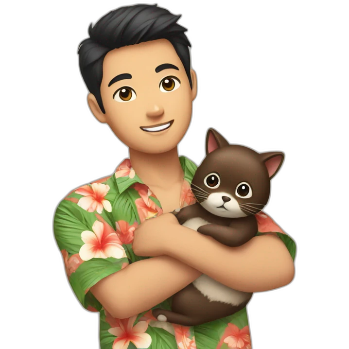 Young Asian man in Hawaiian shirt holding a tanuki cat in his arms emoji