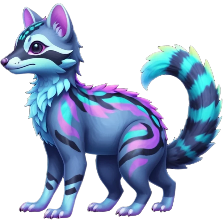Colorful neon tropical exotic cute cool beautiful shiny beautiful fantasy-civet-genet-sergal-vernid-Gryphon-Cacomistle-Trico-oncilla-animal-Fakémon-hybrid-fursona (full body) emoji