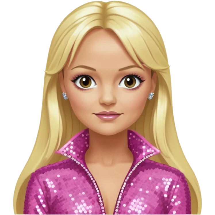 Emma Bunton from Spice Girls with long blonde two high ponytail hair, pink sequin outfit emoji