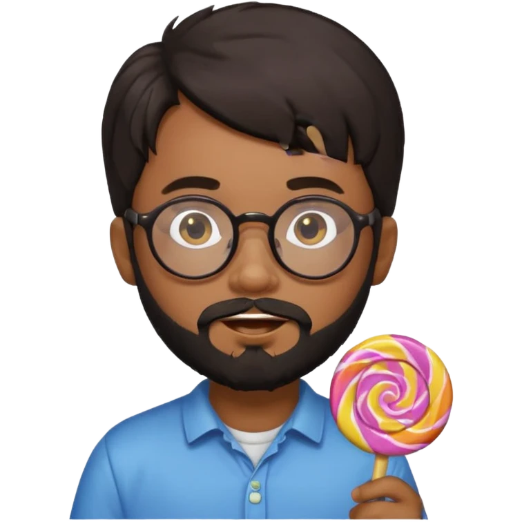 Light Brown boy, round face with black beard and hair and glasses holding candy emoji