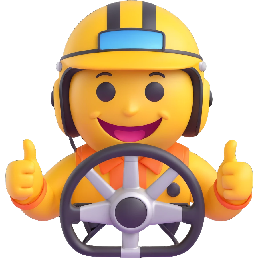 3D smiley emoji, round shape, wearing rally helmet, holding steering wheel, sporty face, transparent background (rally racing) emoji
