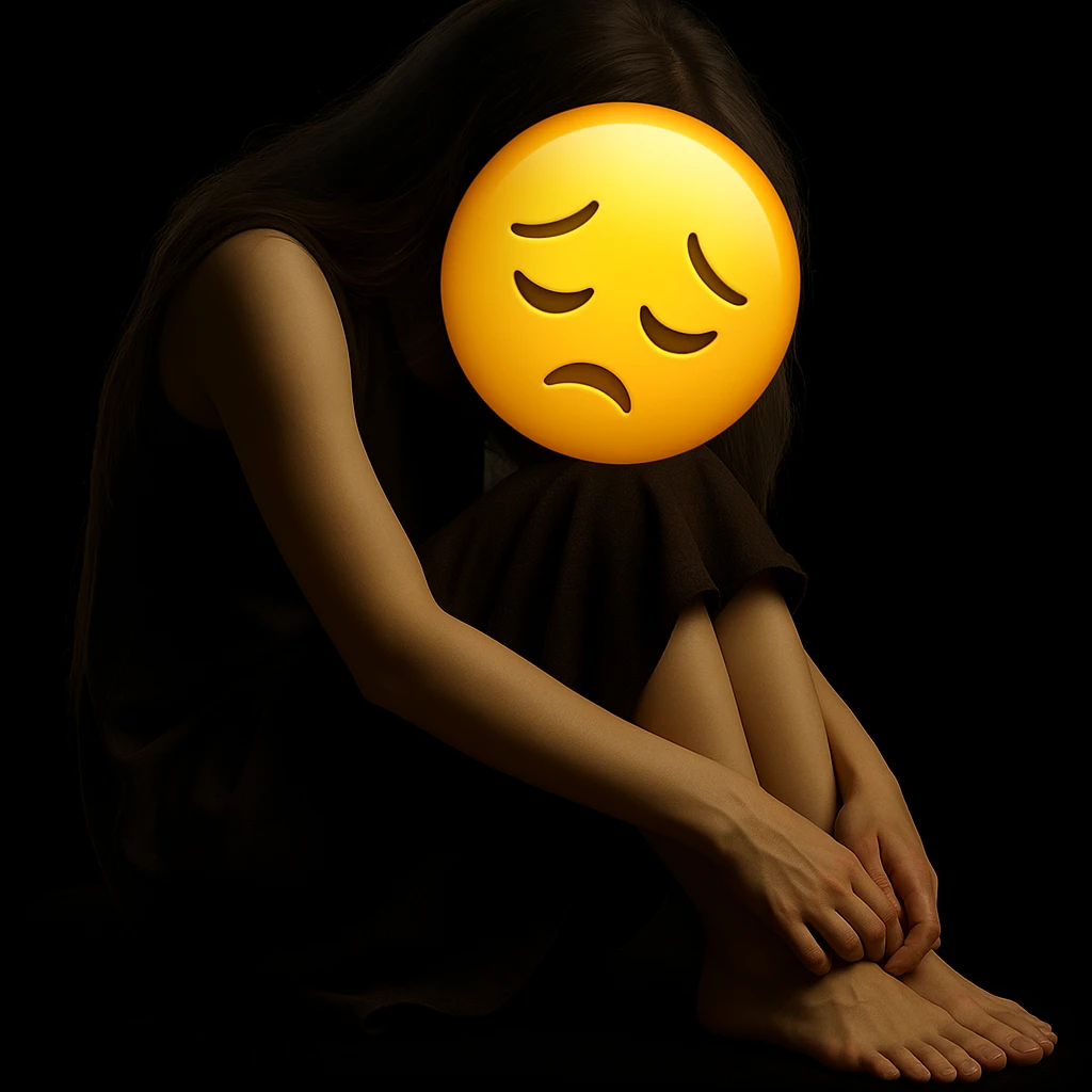 Replace the girl's face with a classic yellow emoji face, keeping the rest of the image and mood unchanged. The style should resemble a classic yellow emoji face. emoji