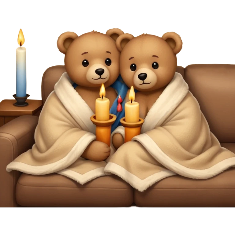Two cozy teddy bears cuddling wrapped in a blanket watching tv on couch with candles next to them emoji