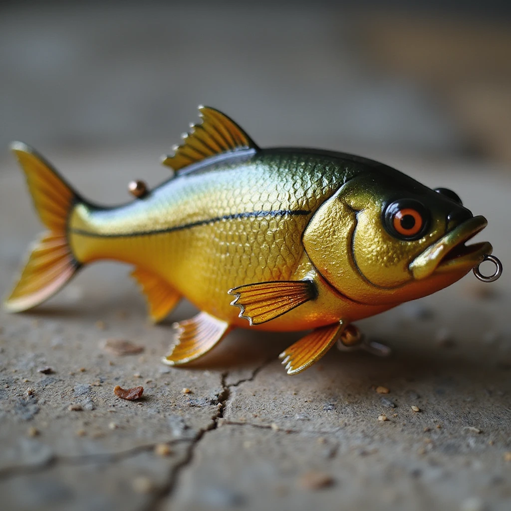 golden fish bait, realistic, metallic shine, detailed emoji