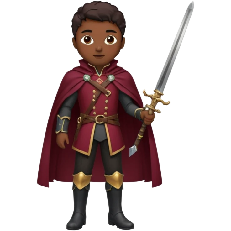 Vestimenta: Ropa de noble — chaqueta ajustada, capa corta, botas altas y espada al cinto. Colores oscuros (rojo vino, negro, granate) emoji