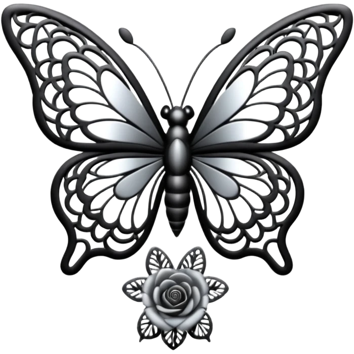 Black and silver filigree rose with a stunning butterfly, 3D, extremely detailed design emoji