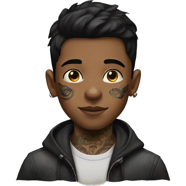 portrait of a black-haired boy with tattoos emoji