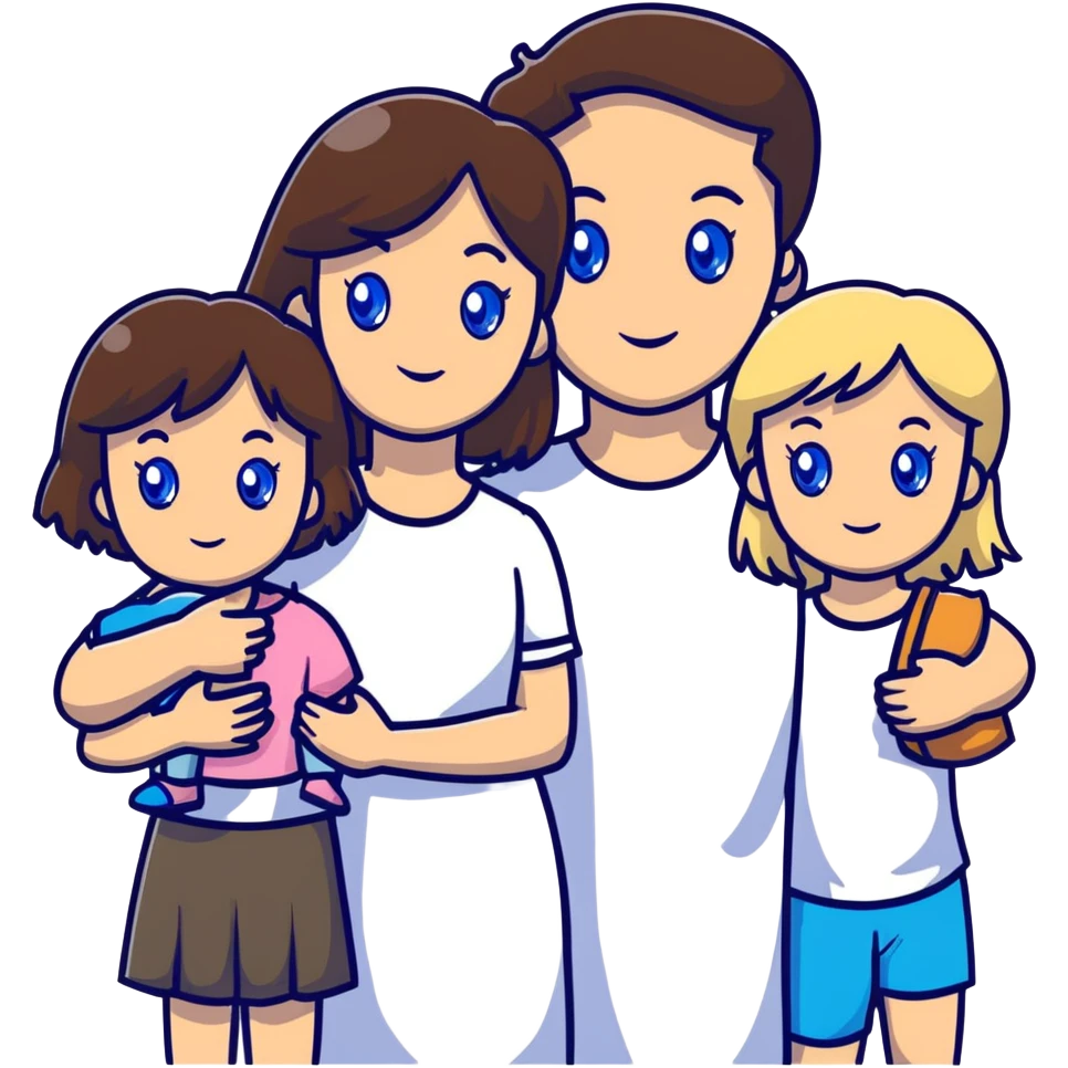 Family portrait with father with dark brown hair and blue eyes, mother with light brown hair and blue eyes, three blonde little girls with blue eyes emoji