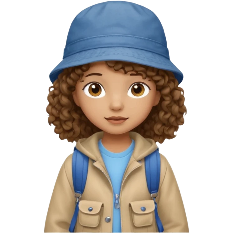 A little girl student curly brown hair, with jean bucket hat, beige jacket, blue backpack emoji