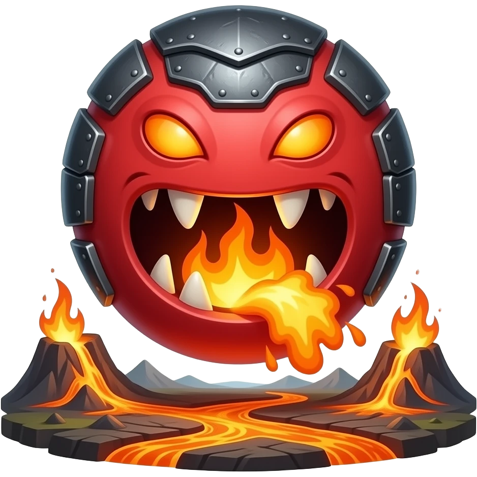 A red round sime-ball-like monster with charcoal armor plates and a furnace-hot jaw. It lurks near geothermal rivers and snaps with explosive bursts of heat. No platform, floating. emoji