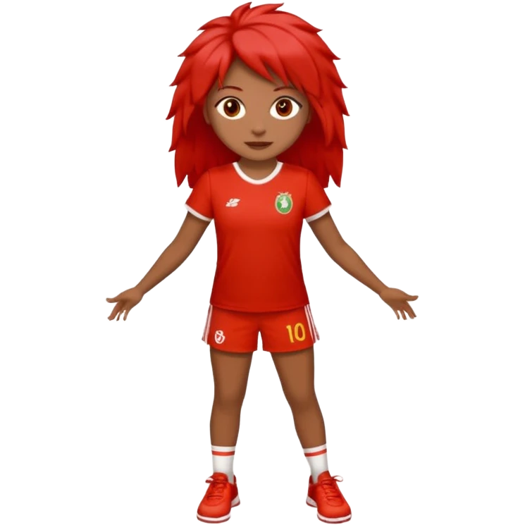 Crie uma rapariga com cabelo encaracolado, longo e frisado, olhos escuros, muitos sinais na cara, blusa vermelha e branca às riscas, calças de ganga, ténis samba fake  emoji