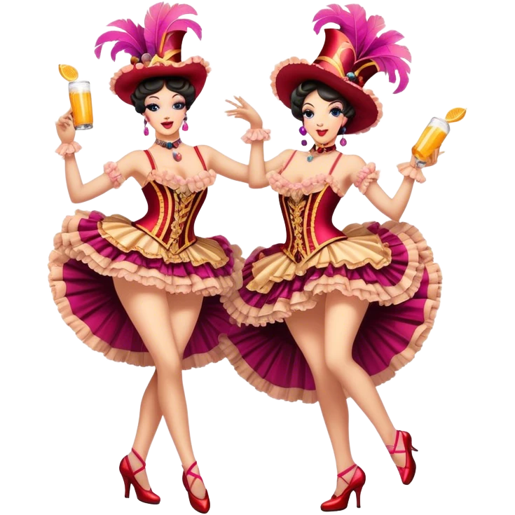 Cinematic Realistic scene of two performers executing a high‑energy Can‑Can, adorned in elaborate French cabaret costumes with frilly layers and dynamic movement, illuminated by vibrant stage lighting emoji