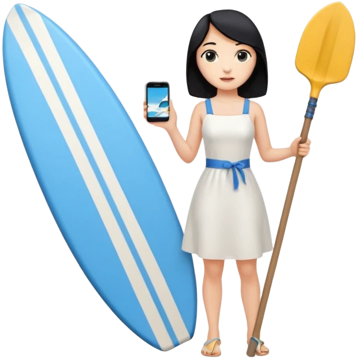 Princess who wearing white dress (woman) black hair holding her phone with her hand and holding long shovel with another hand. Under her feet, there is one blue surfing board. emoji