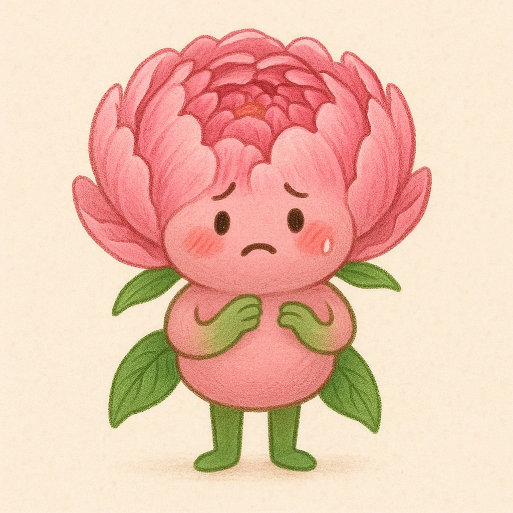 cute anthropomorphic pink peony flower with a round body, arms and legs, blushing cheeks, nervous expression emoji