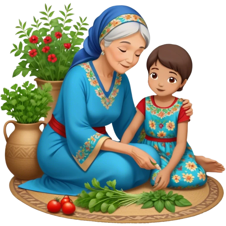 intergenerational moment between a grandmother and her granddaughter, deeply rooted in tradition. The young woman, dressed in a beautiful blue kaftan, sits on the floor carefully picking fresh herbs or greens, while the grandmother, wearing a red headscarf and floral dress, gently guides her. emoji
