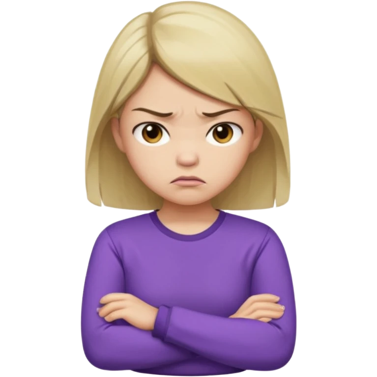 Angry Pouty girl with small asian eyes folding arms in a purple longsleeve shirt she has fair skin and medium length brown hair with blonde emoji