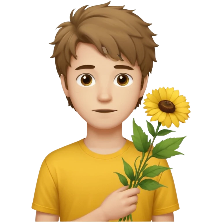 generate an ios genmoji of a 20 year old fair boy with brown long and messy hair with stubble on cheeks. should look like he cant grow a mustache., carrying a flower bouquet, wearing a yellow tshirt, looking shy emoji