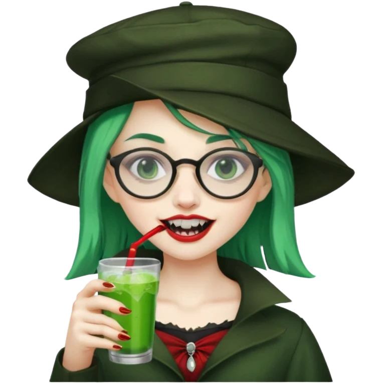 vampire green hair Drink holders with hat, wearing glasses, female,,teeth looks like vampire emoji