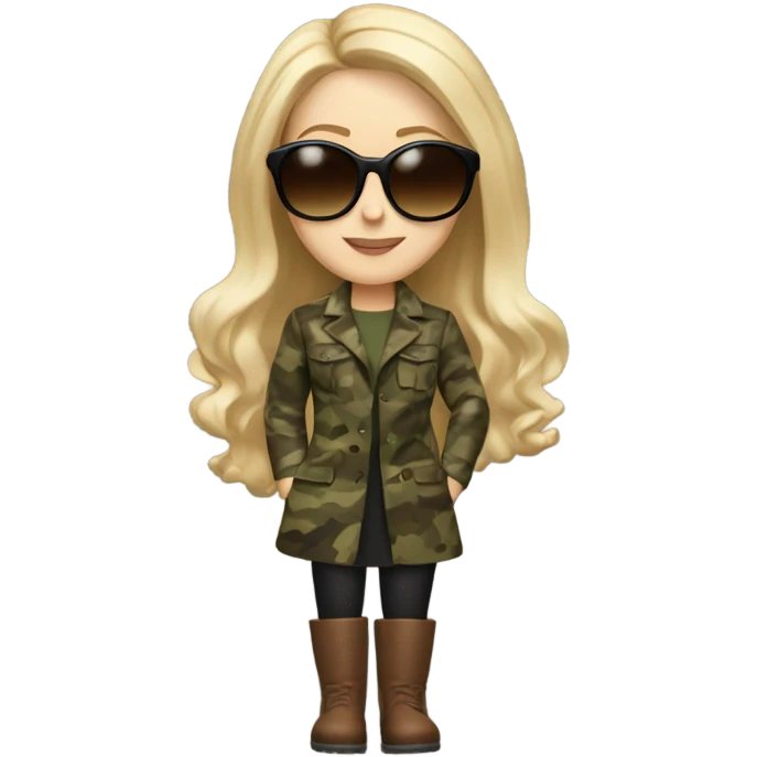 Realistic White girl with Long blonde hair and round sunglasses, camouflage Wool oversize blazer, mini dress and Brown leather boots  emoji