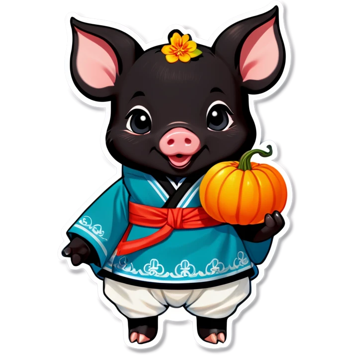 A black genderless piglet wearing hanbok with "luck” written on it and holding a pumpkin. emoji
