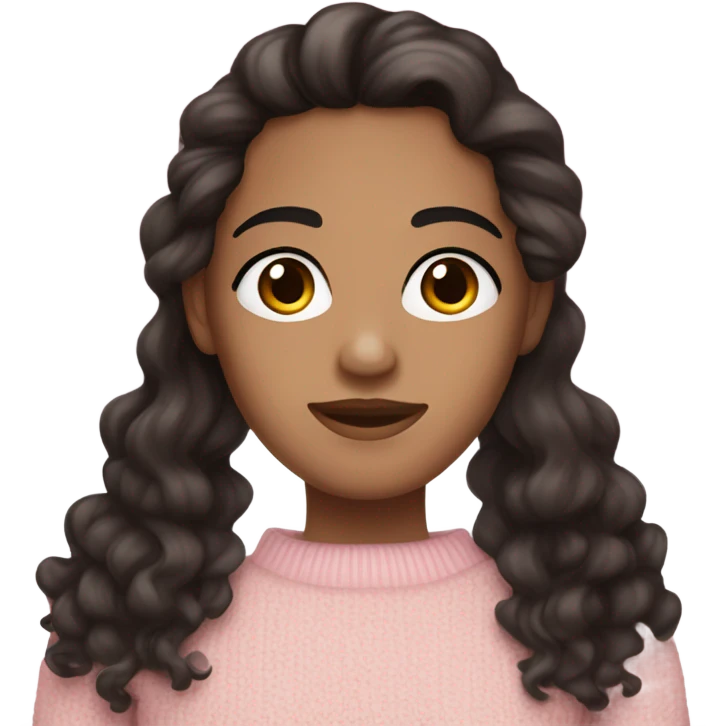 Dark Brown long curly end hair , white skin and dark brown eyes and big lashes wearing a light pink sweater  emoji