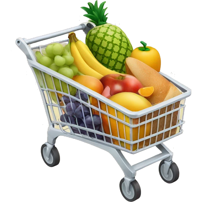 Grocery cart filled with fruit, vegetables, bread and milk emoji