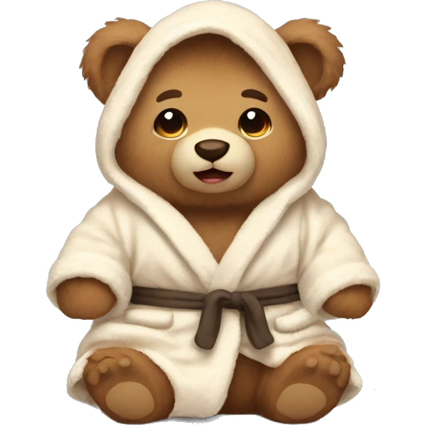 Light Brown fluffy stuffed bear sitting wearing a cream bathrobe with bunny ears on it emoji