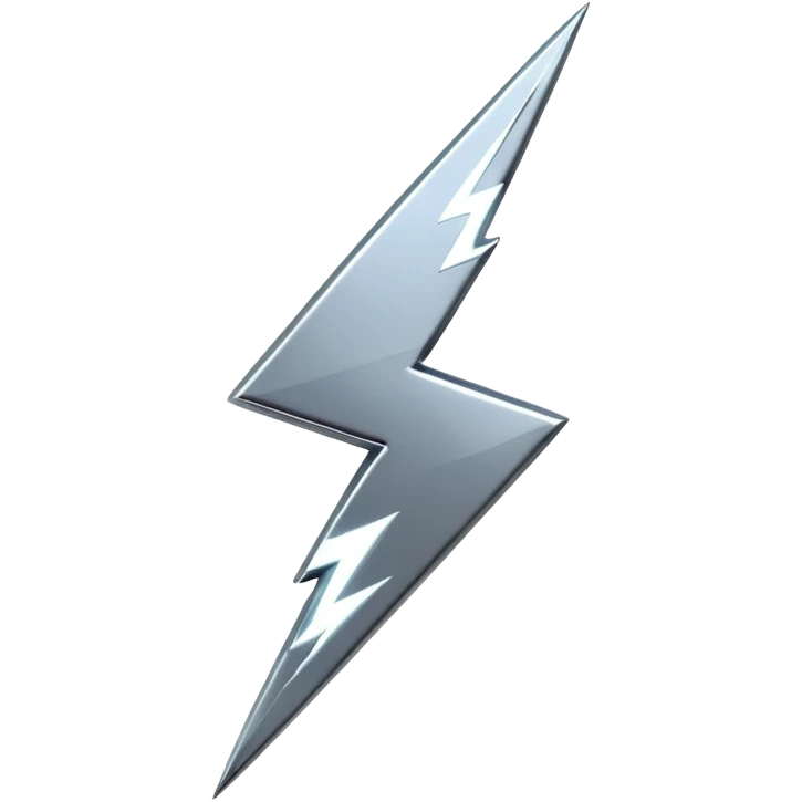 A lightning bolt emoji made of polished silver chrome, sharp yet rounded edges, glossy metallic surface, soft reflections, minimal futuristic design, iOS emoji style, centered, clean white background emoji