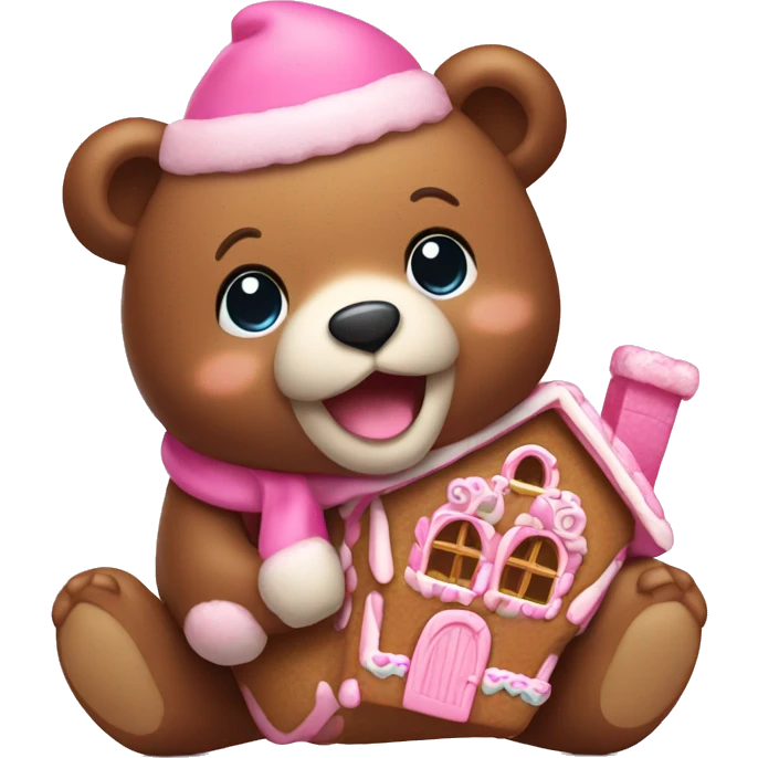 cute bear holding pink gingerbread house emoji