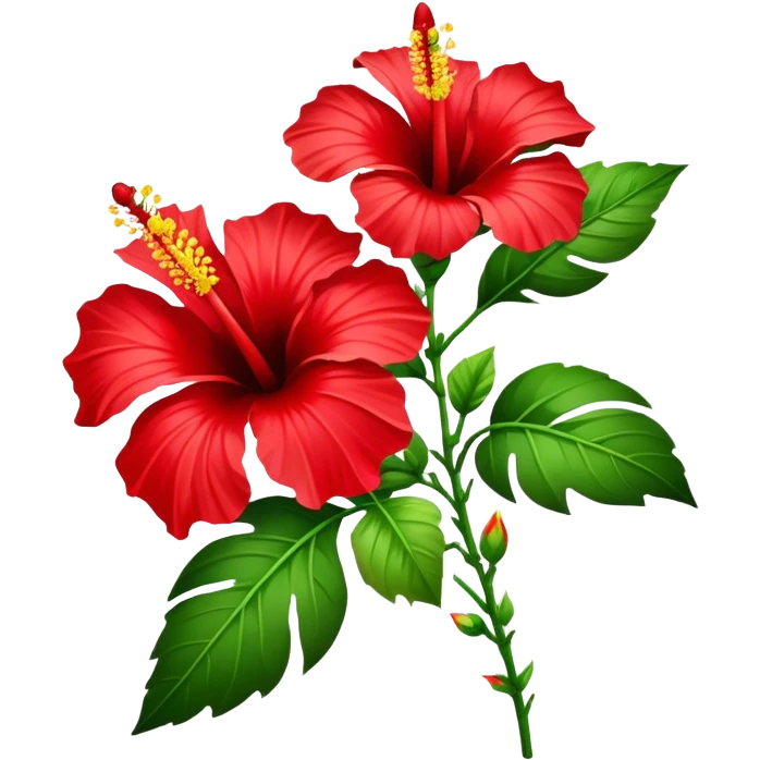 bouquet red Hawaiian hibiscus, luxuriant, stem, leaf, bud emoji