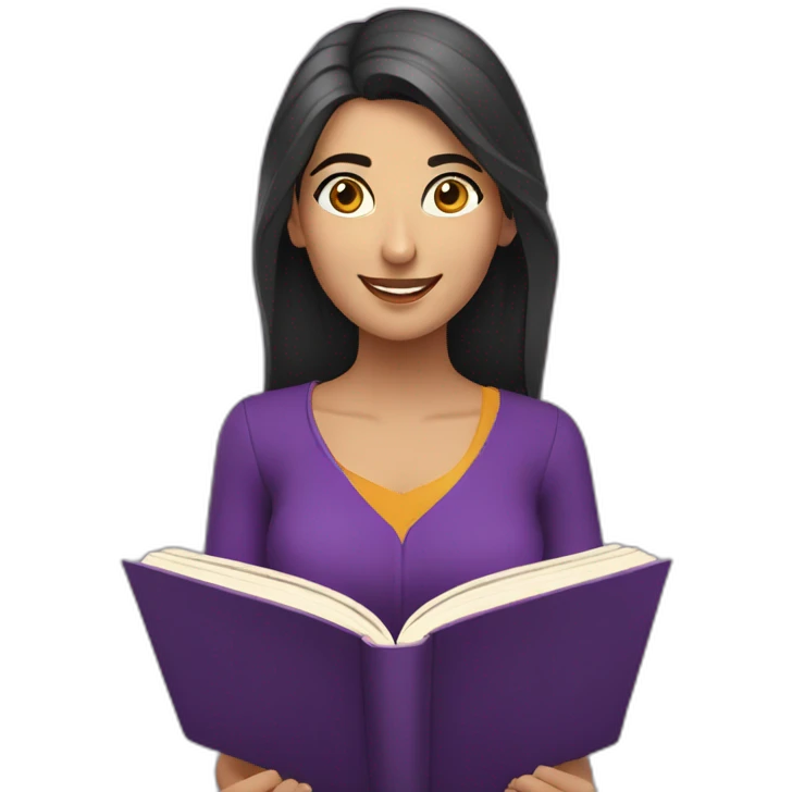 Armenian women with the purple clothes reading book and looking at camera and smiling  emoji
