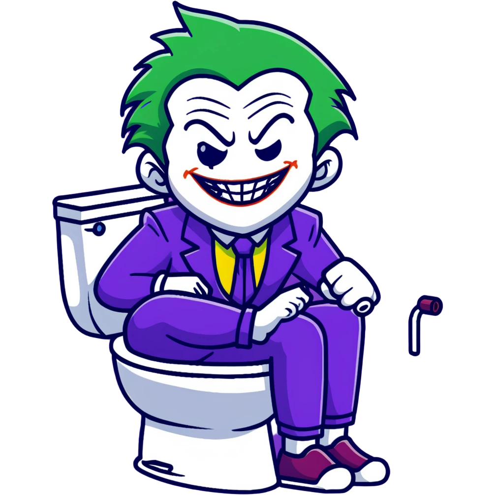 Joker villain sitting on toilet laughing maniacally, green hair, purple suit emoji