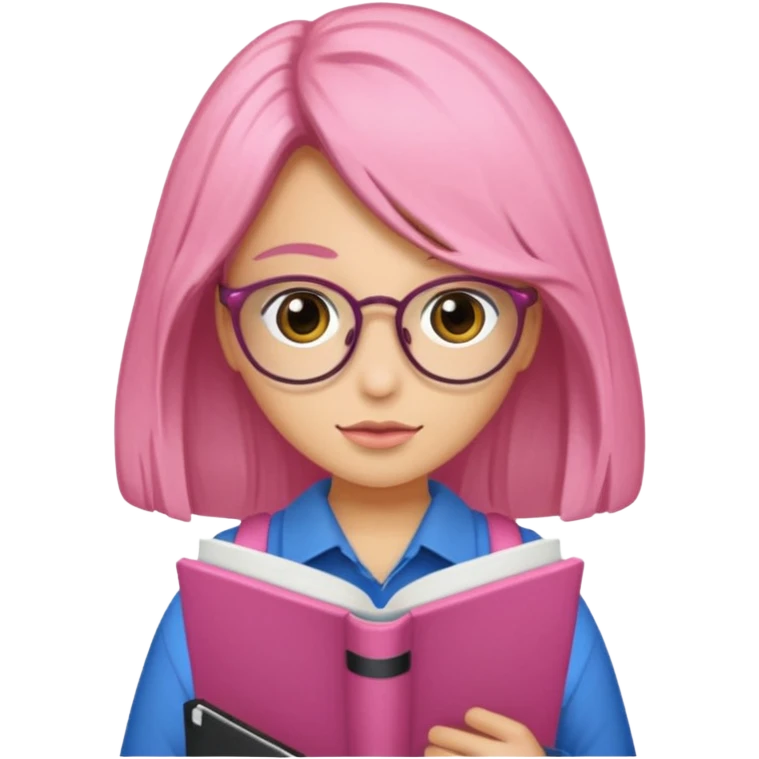 Estudante de cor parda cabelo cacheado loiro escuro de óculos segurando um caderno rosa emoji