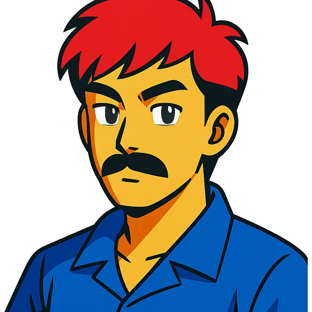 asian man with black mustache and red hair, 90's anime style, vibrant toon style emoji