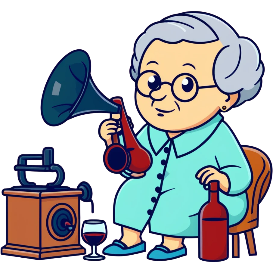 old lady with wineglass listening to gramophone emoji