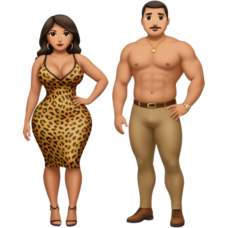 attractive full body latina with massive curves, breasts, and ass wearing a tight leopardskin dress with a full body man next to him with a large bulge in his pants in his crotch area emoji