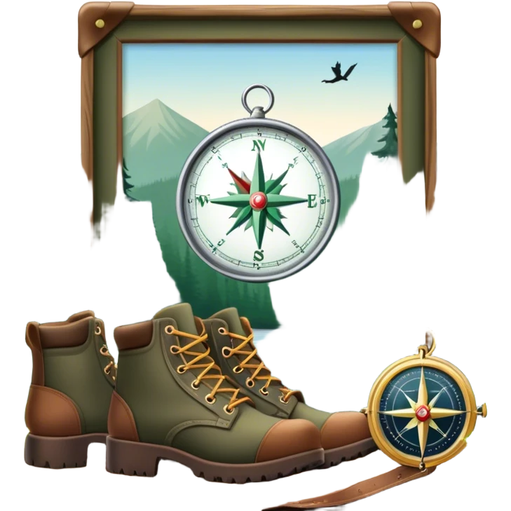 emoji for Hunting Tourism: a rifle, hunting boots, and a compass on a forest background, with a silhouette of wildlife in the distance. The icon should capture the adventure and connection with nature in hunting tourism. Transparent background. emoji