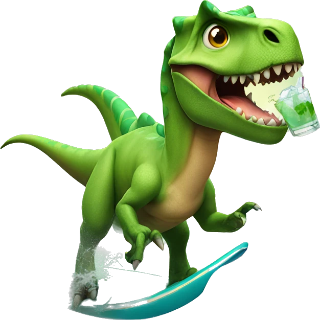 Dinosaur surfing with a mojito in hand emoji