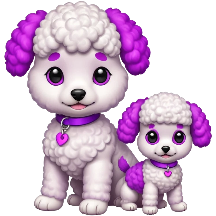 Two white toy poodle–style dogs, fluffy curly fur, round faces, black button eyes, pink and purple dyed ears and paws (magenta/violet tips). One standing upright, one sitting. Cute, plush, emoji style. emoji