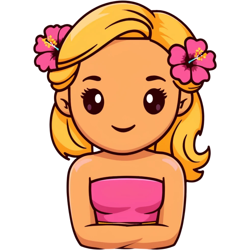 tan girl with blonde hair and brown highlight streaks with a hibiscus flower in her hair wearing a pink tube top with tan lines showing emoji